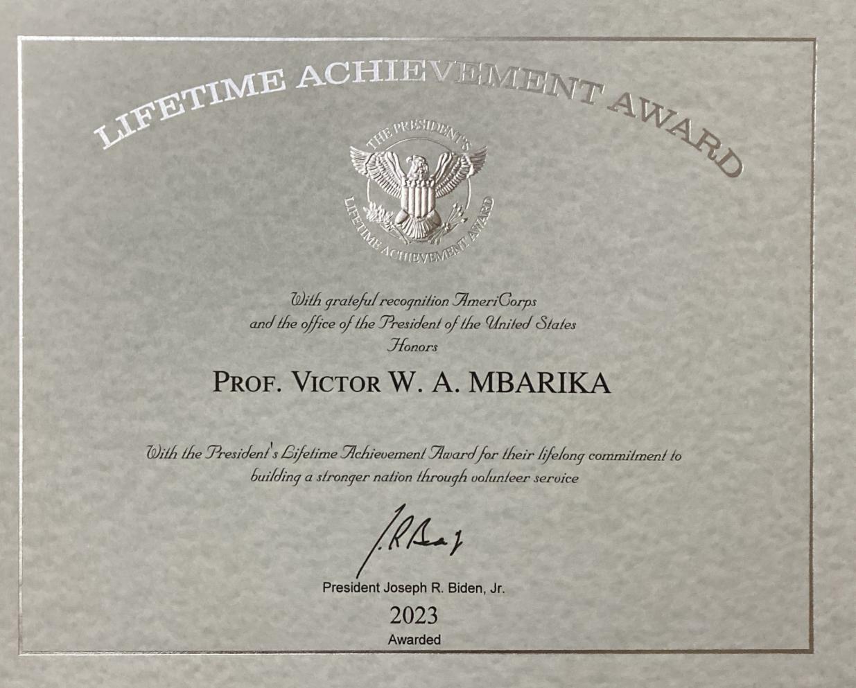 Prof. Mbarika US President lifetime achievement award